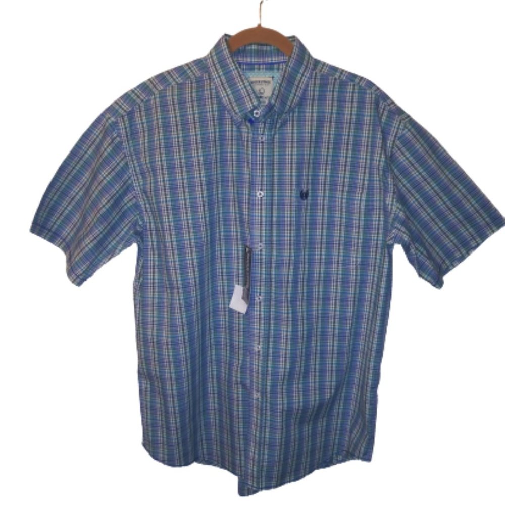 Rough Stock Panhandle Slim Short Sleeved Plaid Button Down Shirt Lg NWT 100% Cot